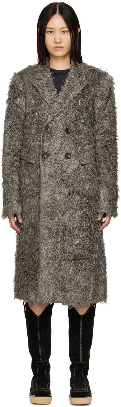 Andersson Bell Grey Naomi Faux Fur Long Coat Double Breasted Overcoat